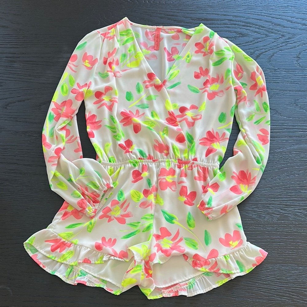 Eight Sixty Pink and Green Watercolor Jumpsuit with V-Neck